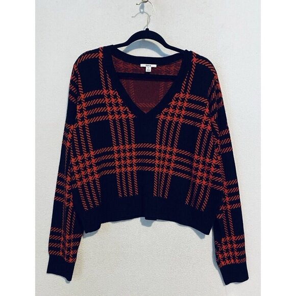 Bar III Sweater Womens XL Black Red Plaid Cropped V Neck Relaxed Fit Academia - Picture 2 of 7